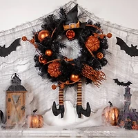 24'' Unlit Orange and Black Witch and Pumpkins Halloween Wreath