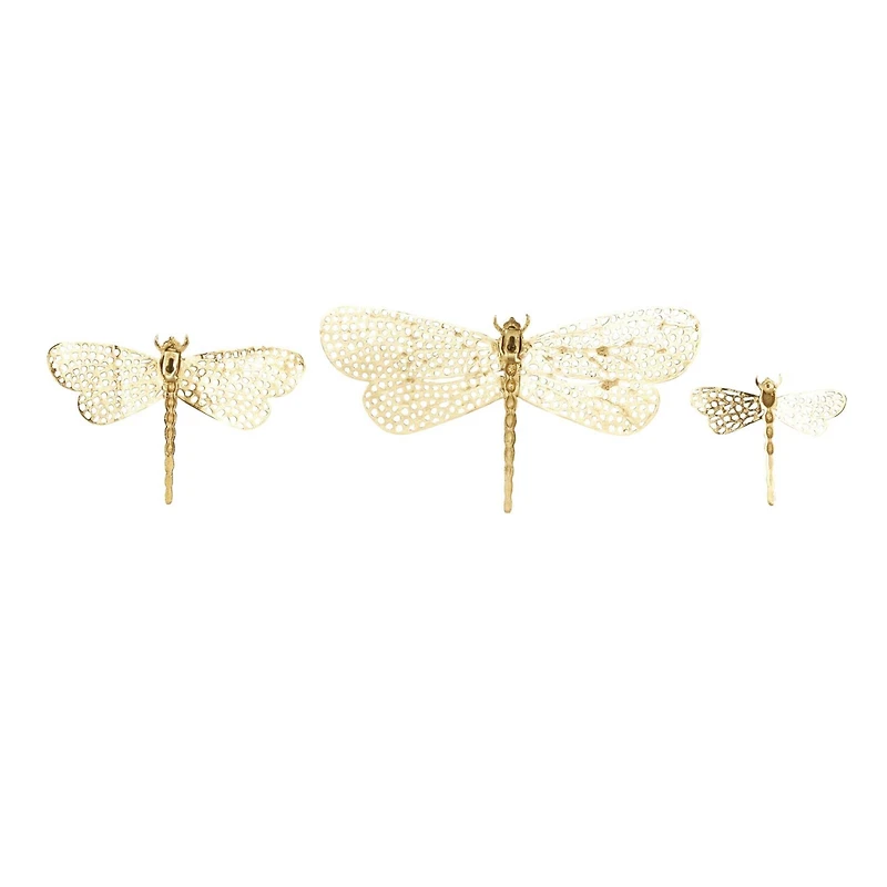 Gold Aluminum Dragonfly Wall Decor with Spotted Cutout Wings, Set of 3