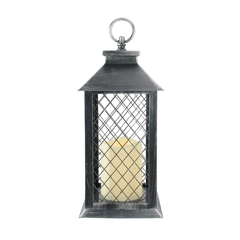 11" Silver Brushed Black Mesh Lantern with Flameless LED Candle