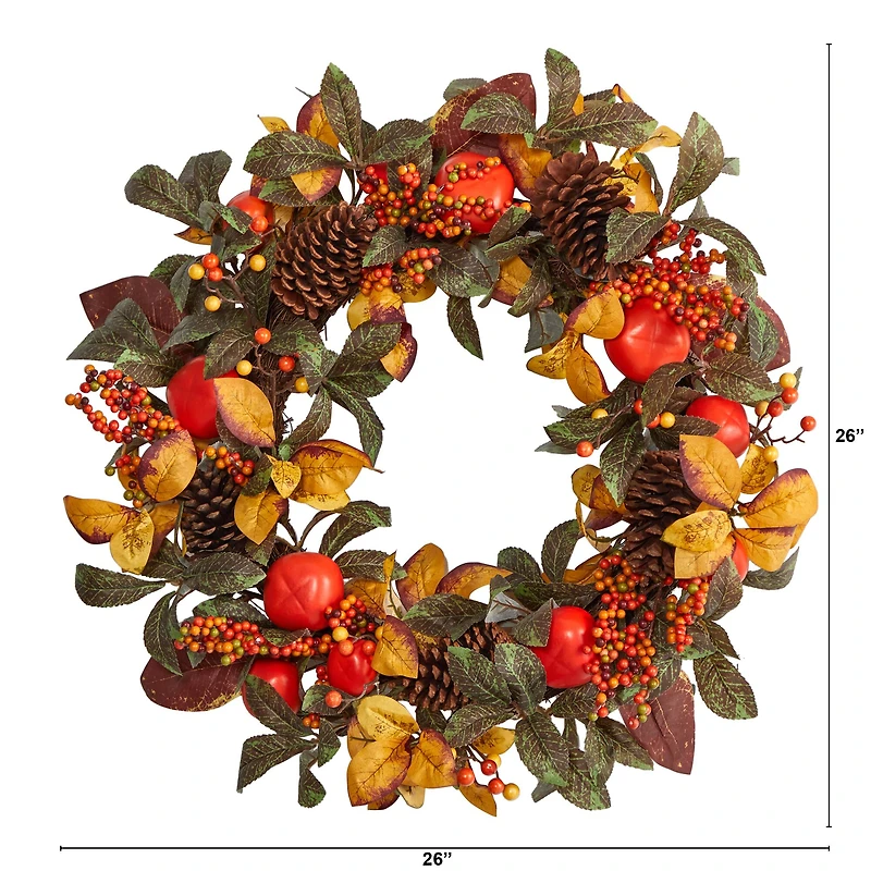 26" Autumn Persimmon & Pinecones Fall Wreath