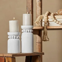 White Wood Beaded Pillar Candle Holder Set