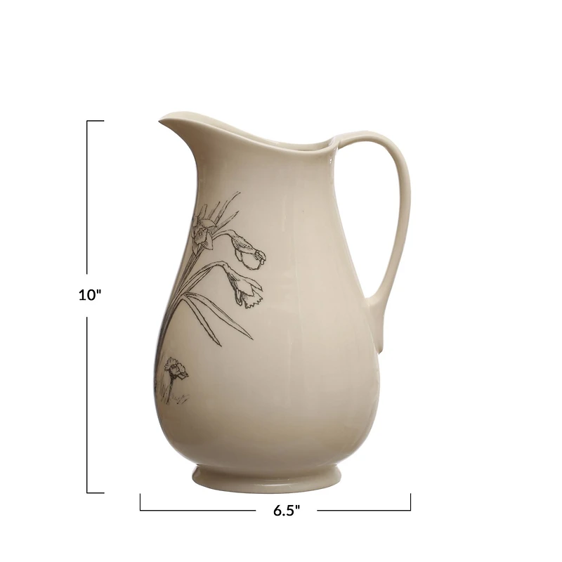 Hello Honey® 2qt. White & Charcoal Flower Design Stoneware Pitcher