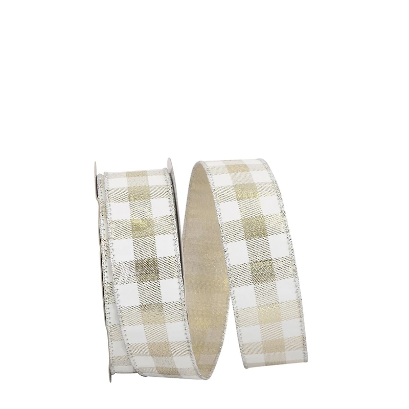 Reliant 1.5" x 25yd. White & Platinum Gingham Metallic Wired Ribbon