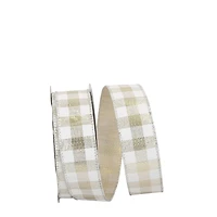Reliant 1.5" x 25yd. White & Platinum Gingham Metallic Wired Ribbon