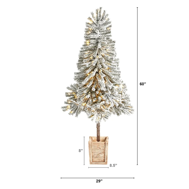 5ft. Pre-Lit Winter Flocked Leaning Artificial Christmas Tree in Decorative Planter, White LED Lights