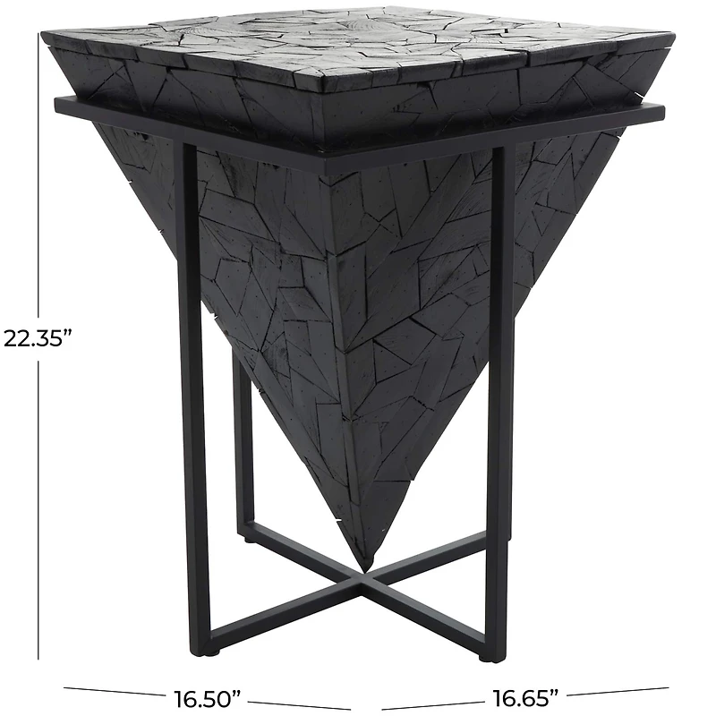 22" Black Teak Wood Geometric Handmade Inverted Pyramid Accent Table with Black Metal Base