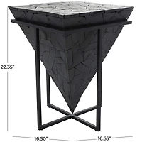 22" Black Teak Wood Geometric Handmade Inverted Pyramid Accent Table with Black Metal Base
