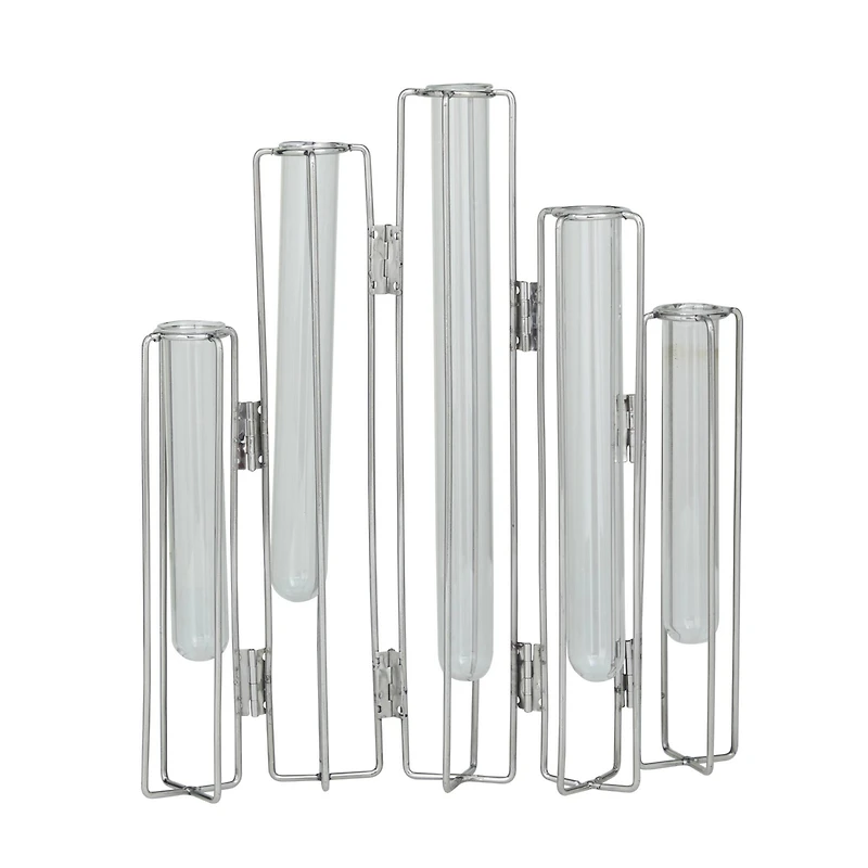 Silver Glass Tube Vase with Metal Stand 11" x 2" x 12"