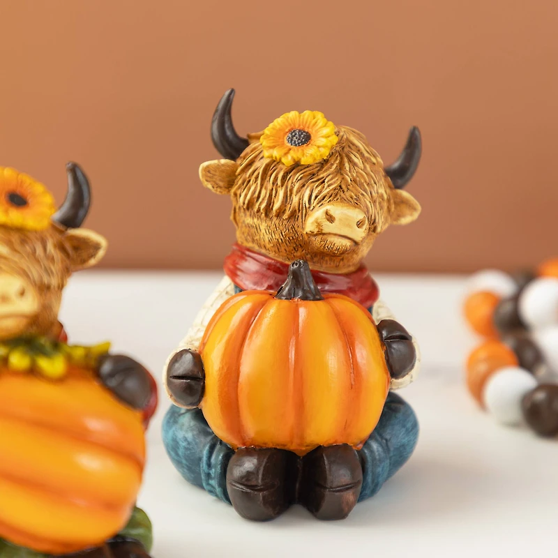 Glitzhome® 4.25" Fall Resin Highland Cow Table Decor Set