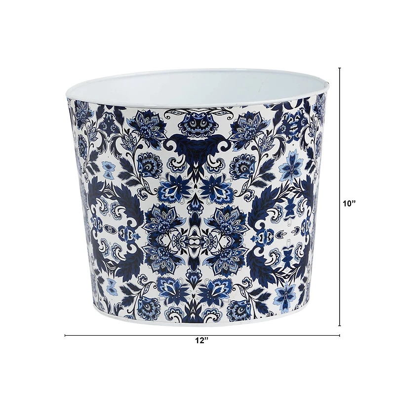 12" Oriental Blue and White Classic Round Metal Planter