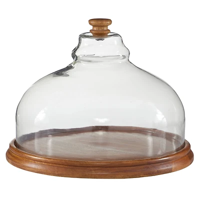 Brown Wood and Glass Natural Cake Stand with Cloche, 10" x 13" x 13"