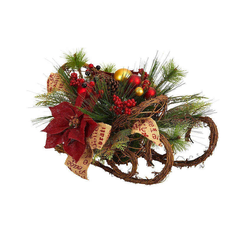18" Christmas Sleigh with Poinsettia, Berries & Pinecone Artificial Arrangement with Ornaments