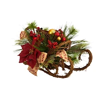 18" Christmas Sleigh with Poinsettia, Berries & Pinecone Artificial Arrangement with Ornaments