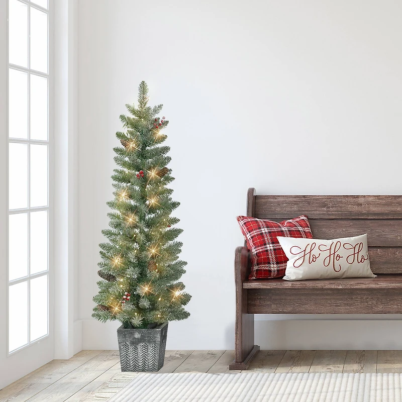 4ft. Pre-Lit Flocked Potted Trees with Battery-Operated Timer, 2ct.