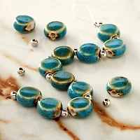 Teal Reactive Glaze Ceramic Flat Round Beads, 11mm by Bead Landing™