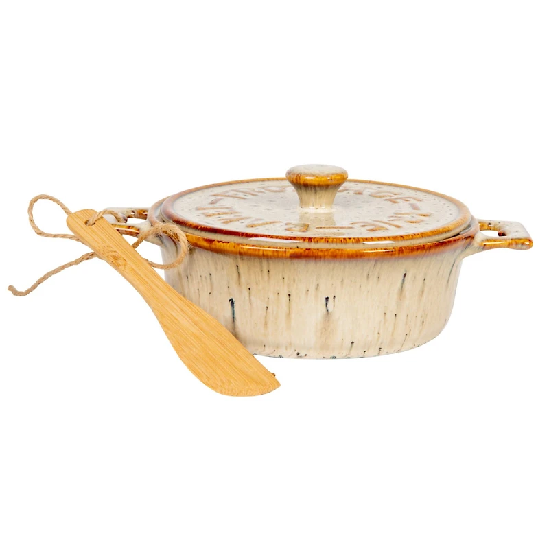 Hello Honey® 9.1" Reactive Glaze Design Stoneware Brie Baker with Bamboo Canapé Spreader Knife