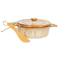 Hello Honey® 9.1" Reactive Glaze Design Stoneware Brie Baker with Bamboo Canapé Spreader Knife