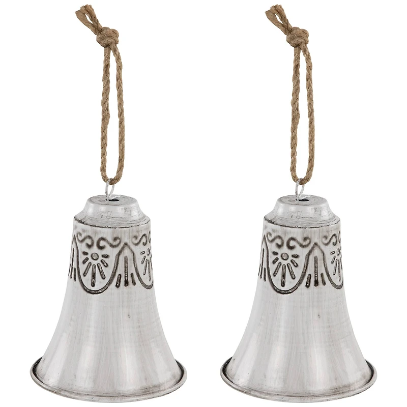 Embossed Bells Christmas Ornaments - 6" - Gray and White - Set of 2