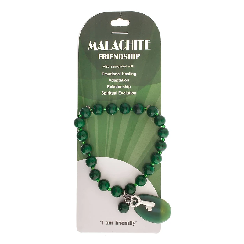John Bead Malachite Natural Stone Stretch Bracelet with Agate & Key Charm