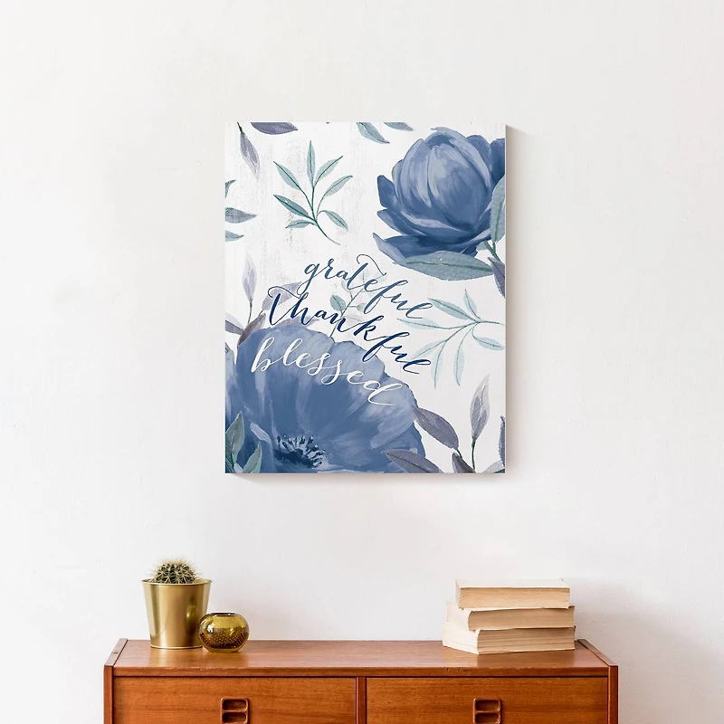 Blue Floral Grateful Thankful Blessed Canvas Wall Art