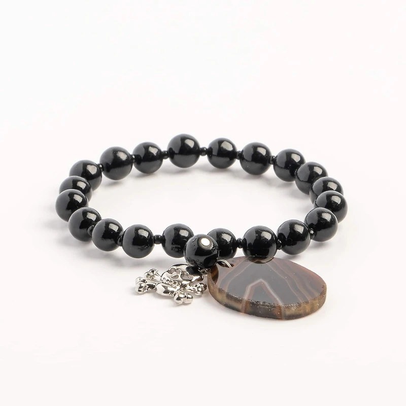 John Bead Onyx Black Natural Stone Bracelet with Agate & Skull Charm