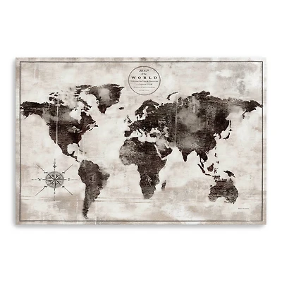 Rustic World Map Black And White Canvas Giclee