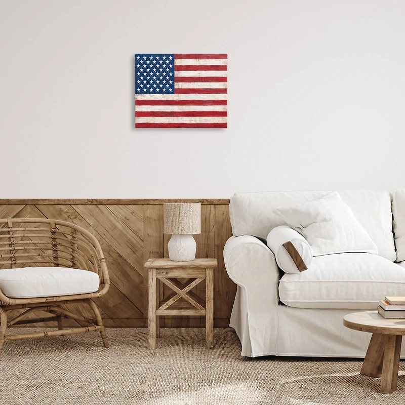 Stupell Industries Rustic American Flag Red White Blue Distressed Pattern Canvas Wall Art