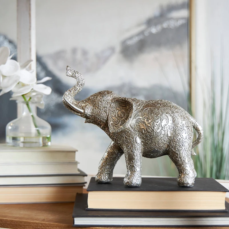 10" Silver Elephant Engraved Floral Sculpture