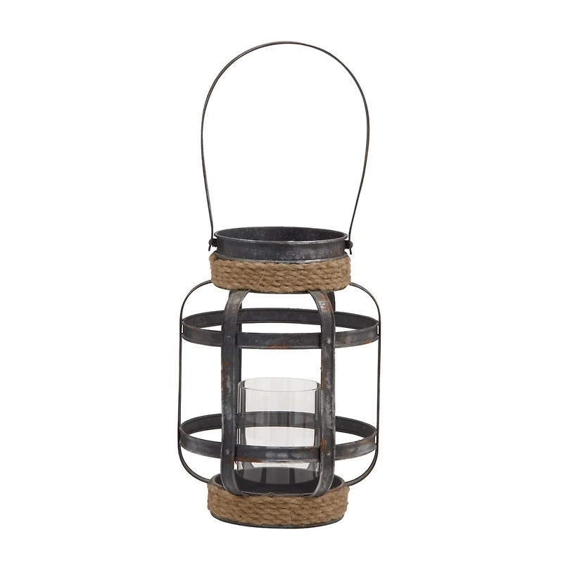 Grey Iron Industrial Candle Holder Lantern, 13" x 10" x 10"