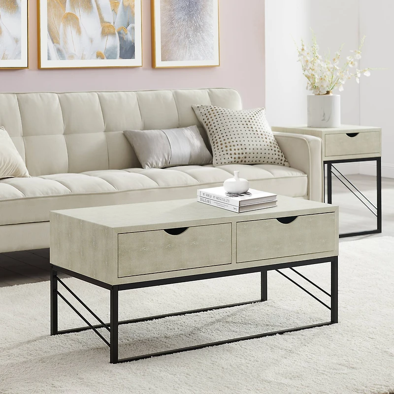 Off White 2-Drawer Faux Shagreen Coffee Table
