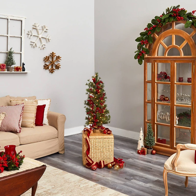 3ft. Pre-Lit Pine Artificial Christmas Tree with Berries and Burlap Base, Warm White Lights