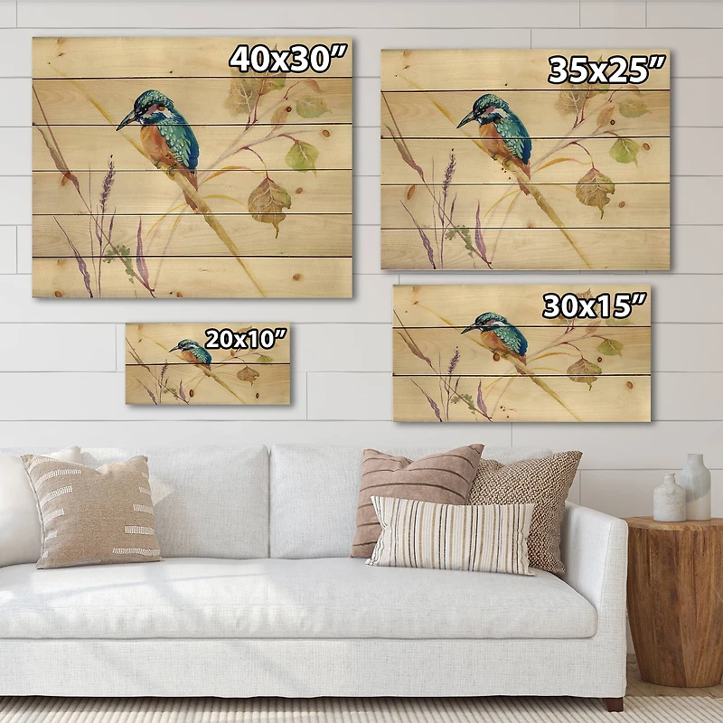 Designart - Common Kingfisher Bird - Traditional Print on Natural Pine Wood