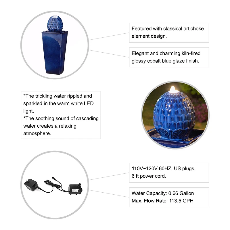 Glitzhome® 36" LED Artichoke Pedestal Ceramic Fountain