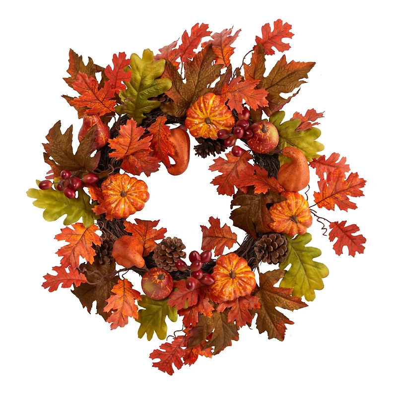 20" Maple Leaf, Pumpkin Gourd, Pinecone & Berry Artificial Fall Wreath