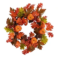 20" Maple Leaf, Pumpkin Gourd, Pinecone & Berry Artificial Fall Wreath