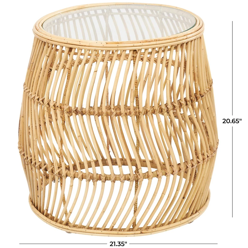 Brown Rattan Handmade Wavy Woven Accent Table with Glass Top