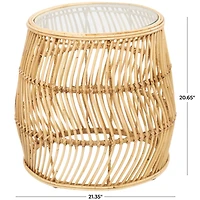 Brown Rattan Handmade Wavy Woven Accent Table with Glass Top