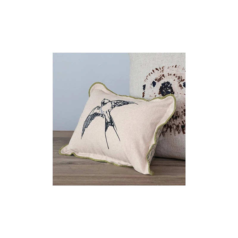 Hello Honey® Embroidered Bird Cotton Chambray Printed Lumbar Pillow with Patterned Back & Scalloped Edge