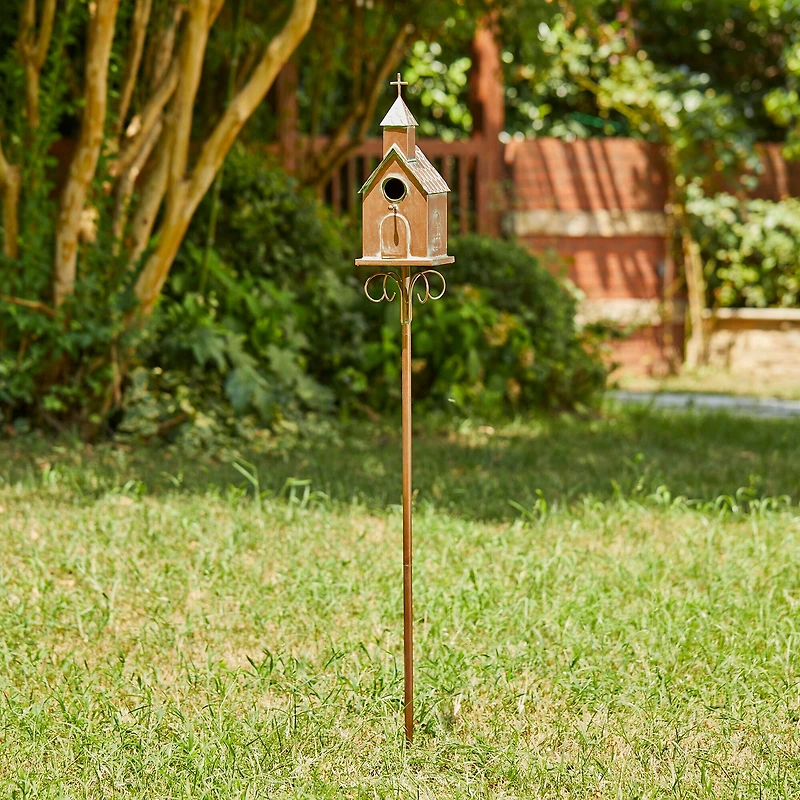 Glitzhome® 4ft. Faux Copper Distressed Metal Church Birdhouse with Stake