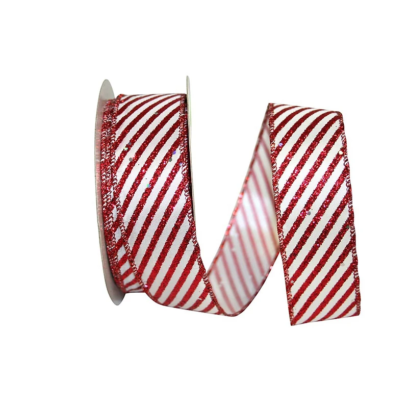 JAM Paper 1.5" x 20yd. Red & White Candy Cane Glitter Wired Ribbon