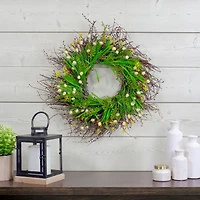 18" Green & Yellow Burrs & Brush Artificial Floral Spring Wreath