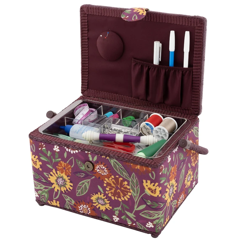 Dritz® Large Purple Floral Sewing Basket with Removable Tray