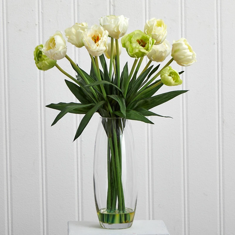 20" White Tulip Floral Arrangement in Clear Vase