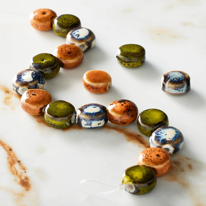 Khaki, Orange & Blue Ceramic Coin Beads, 10.5mm by Bead Landing™