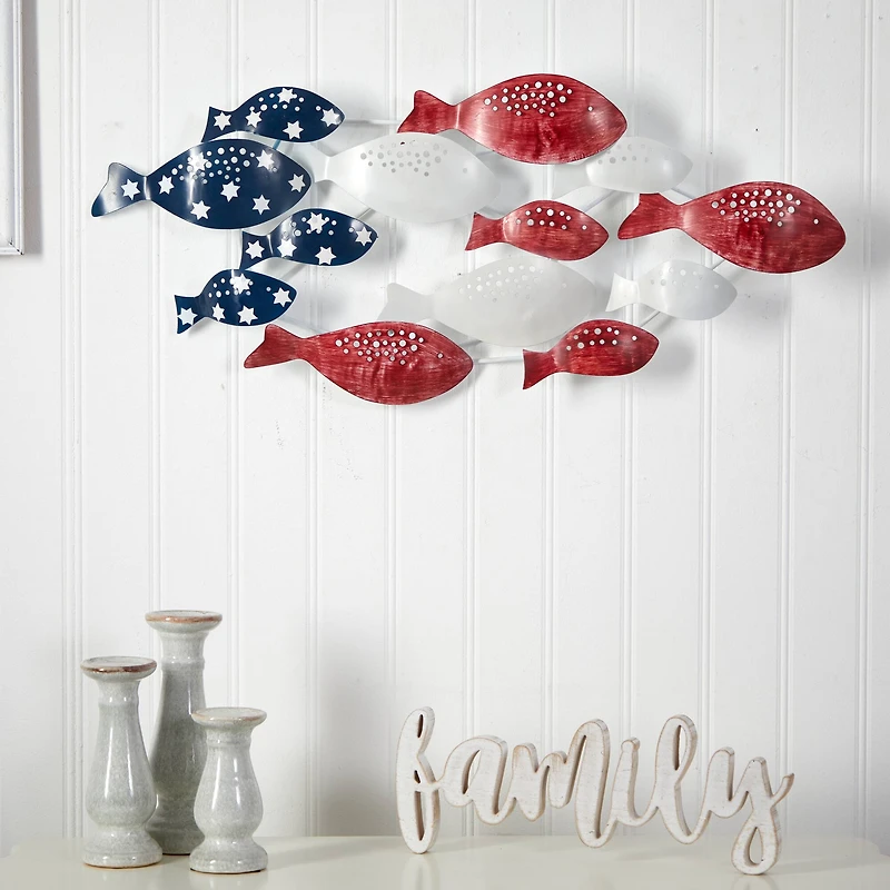 39" Patriotic Metal Fishes Wall Art Décor