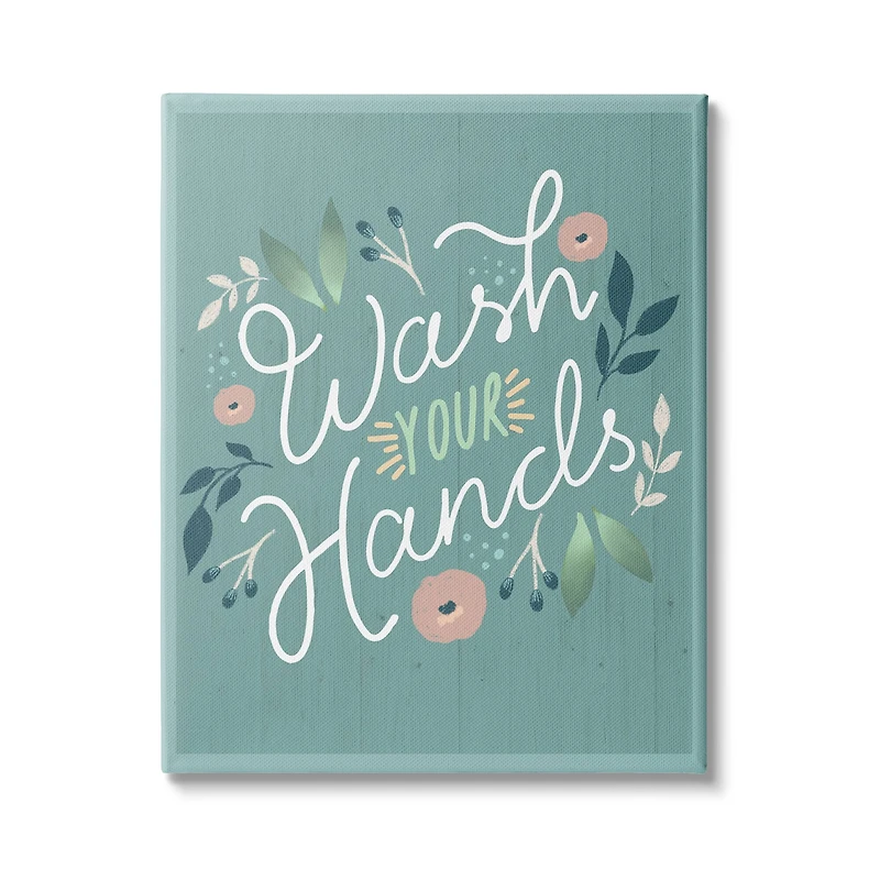Stupell Industries Wash Your Hands Pink Florals Green Farmhouse Pattern Canvas Wall Art