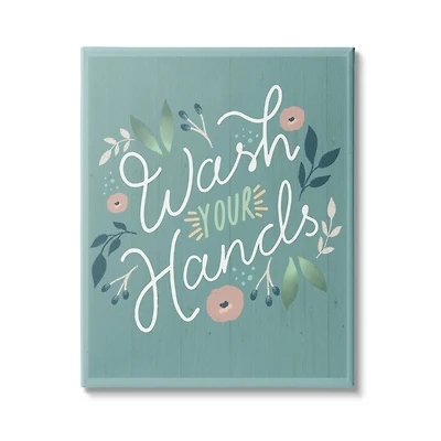 Stupell Industries Wash Your Hands Pink Florals Green Farmhouse Pattern Canvas Wall Art