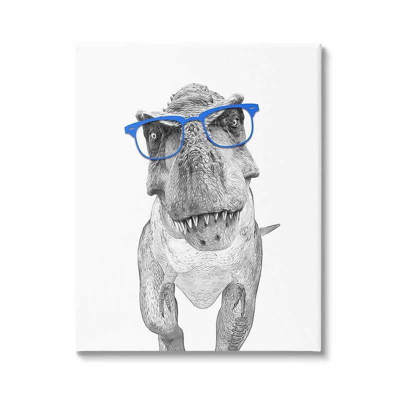 Stupell Industries Adorable T-Rex Dinosaur Blue Glasses Illustration Canvas Wall Art