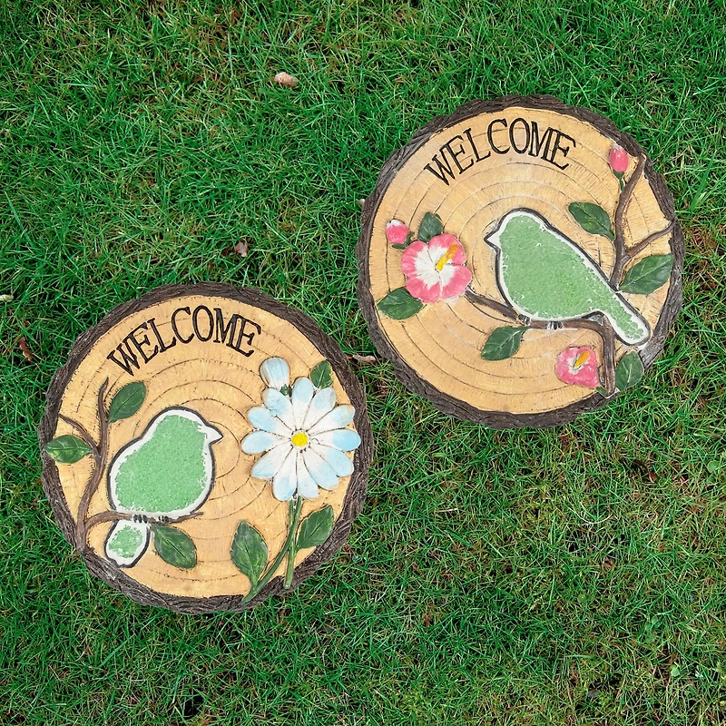 11" Welcome Birds Outdoor Floral Garden Stones Set