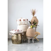 White Embroidered & Appliqued Pillow with Pom Poms & Tassels